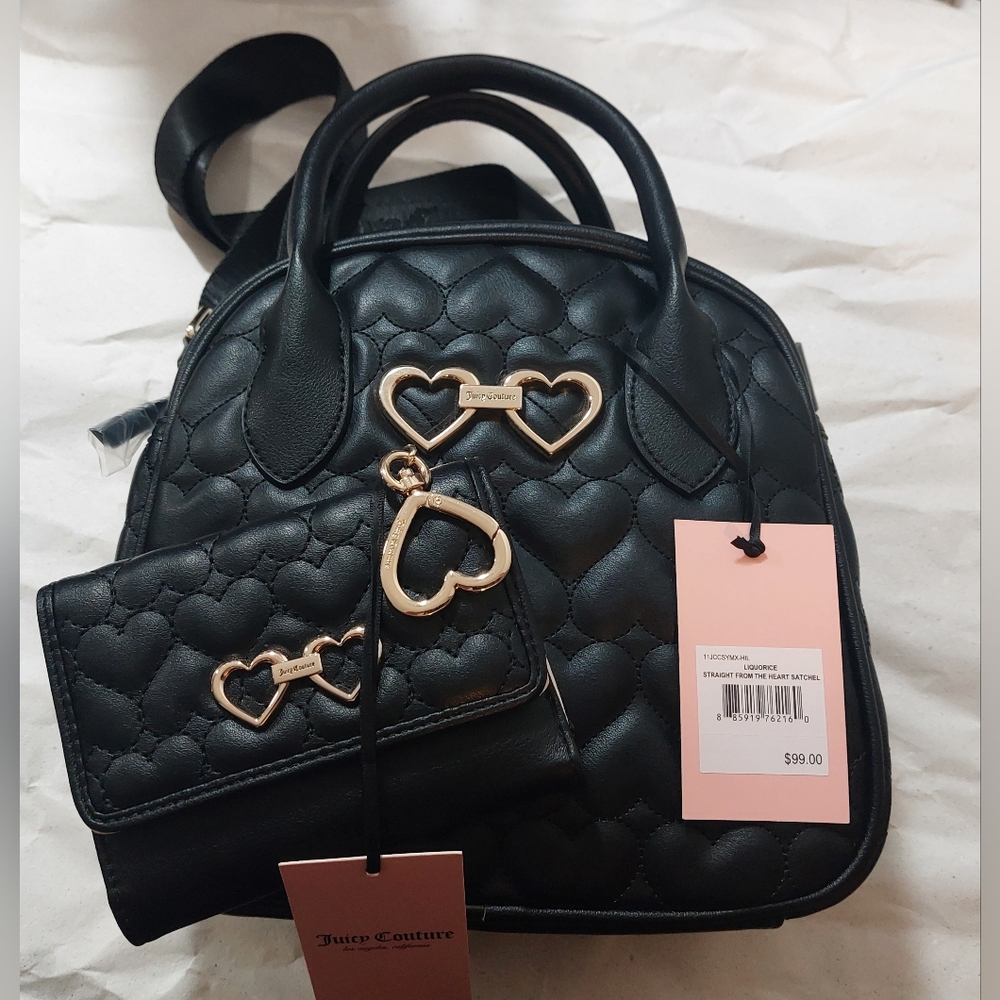 JUICY COUTURE Heart Quilt Black Satchel Purse Bag With Matching Wallet SET NWT